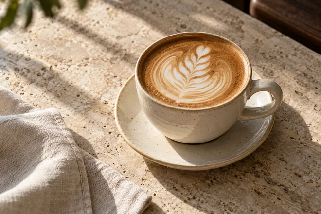 Cappuccino in a ceramic cup on a sunlit stone counter