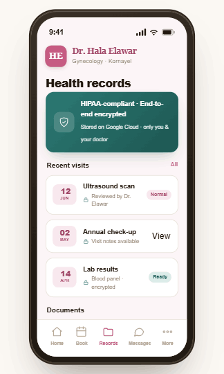 Dr. Hala Elawar app — Records screen, built on Mudeer