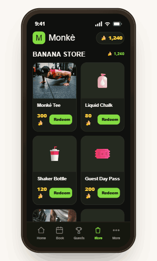 Monkè app — Store screen, built on Mudeer